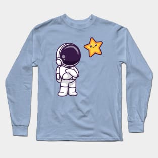 Cute Astronaut Looking Star In Space Cartoon Long Sleeve T-Shirt